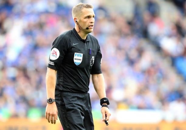 Referee Craig Pawson during the Premier League match between Leicester City and Wolverhampton Wanderers at The King Power Stadium on August 14, 2021...