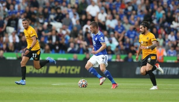 Leicester City's Jamie Vardy during the Premier League match between Leicester City and Wolverhampton Wanderers at The King Power Stadium on August...