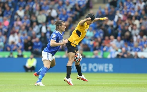 Wolverhampton Wanderers' Raul Jimenez shields the ball from Leicester City's Caglar Soyuncu during the Premier League match between Leicester City...