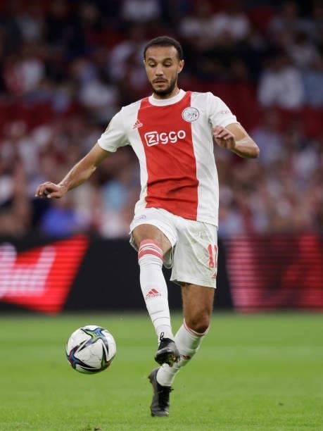 Noussair Mazraoui of Ajax during the Dutch Eredivisie match between Ajax v NEC Nijmegen at the Johan Cruijff Arena on August 14, 2021 in Amsterdam...