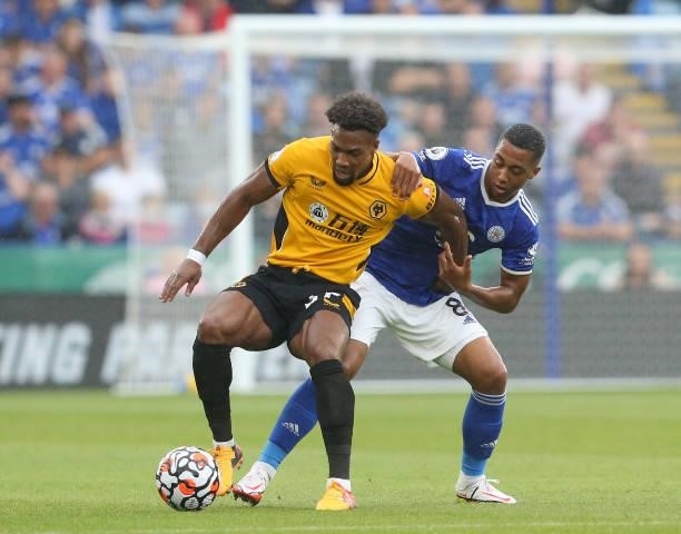 Wolverhampton Wanderers' Adama Traore shields the ball from Leicester City's Youri Tielemans during the Premier League match between Leicester City...
