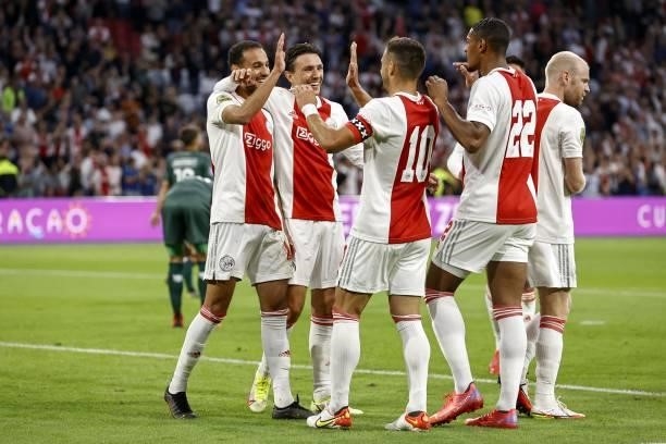 Noussair Mazraoui of Ajax, Steven Berghuis of Ajax, Dusan Tadic of Ajax, Sebastien Haller of Ajax, Davy Klaassen of Ajax celebrate the 2-0 during the...