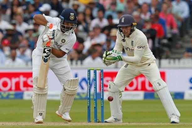 India's Rishabh Pant plays a shot as England's Jos Buttler keeps wicket during play on the fourth day of the second cricket Test match between...