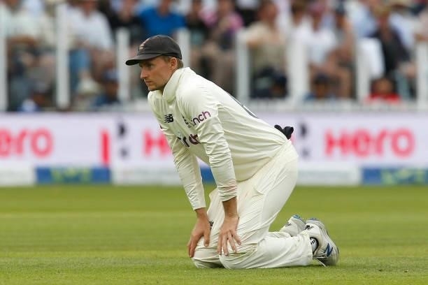 England's captain Joe Root reacts in the field during play on the fourth day of the second cricket Test match between England and India at Lord's...