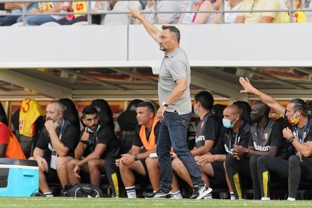 Franck Haise, coach of RC Lens, gestures during the Ligue 1 Uber Eats match between RC Lens and AS Saint Etienne at Stade Bollaert-Delelis on August...