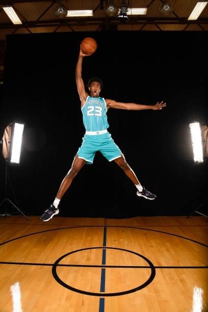 Kai Jones of the Charlotte Hornets poses for a portrait during the 2021 NBA Rookie Photo Shoot on August 15, 2021 at the UNLV Campus in Las Vegas,...