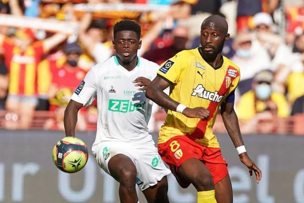 Saidou Sow of AS St-Etienne competes for the ball with Seko Fofana of RC Lens during the Ligue 1 Uber Eats match between RC Lens and AS Saint Etienne...