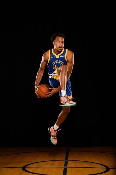 Moses Moody of the Golden State Warriors poses for a portrait during the 2021 NBA Rookie Photo Shoot on August 15, 2021 at the UNLV Campus in Las...