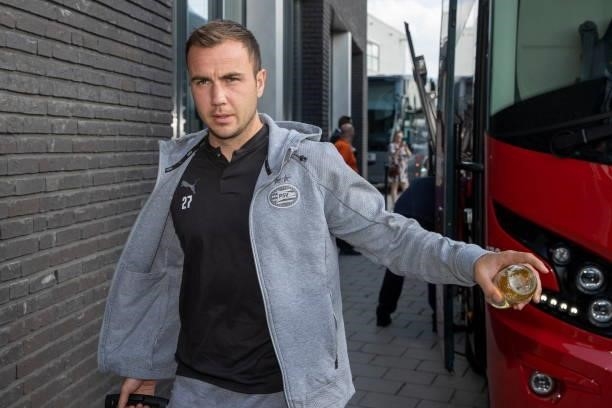 Mario Gotze of PSV Eindhoven arrives at the stadium prior to the Dutch Eredivisie match between Heracles Almelo and PSV Eindhoven at Erve Asito on...