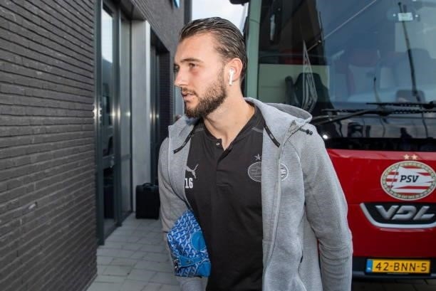 Joel Drommel of PSV Eindhoven arrives at the stadium prior to the Dutch Eredivisie match between Heracles Almelo and PSV Eindhoven at Erve Asito on...