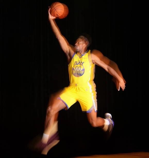 Jonathan Kuminga of the Golden State Warriors poses for a portrait during 2021 NBA Rookie Photo Shoot on August 15, 2021 at UNLV Campus in Las Vegas,...