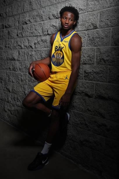 Jonathan Kuminga of the Golden State Warriors poses for a portrait during 2021 NBA Rookie Photo Shoot on August 15, 2021 at UNLV Campus in Las Vegas,...