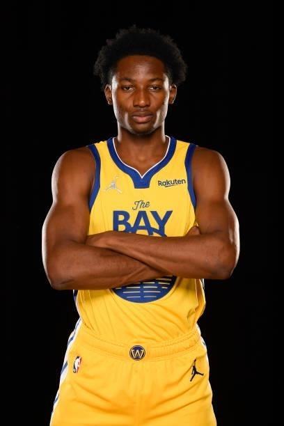Jonathan Kuminga of the Golden State Warriors poses for a portrait during the 2021 NBA Rookie Photo Shoot on August 15, 2021 at the UNLV Campus in...