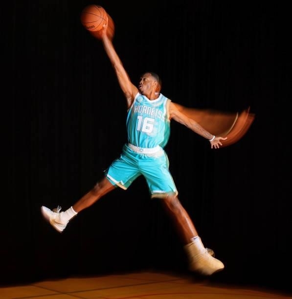 Scottie Lewis of the Charlotte Hornets poses for a portrait during 2021 NBA Rookie Photo Shoot on August 15, 2021 at UNLV Campus in Las Vegas,...