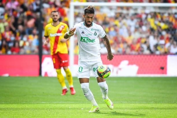 Denis BOUANGA of Saint Etienne during the Ligue 1 Uber Eats match between Lens and Saint Etienne at Stade Bollaert-Delelis on August 15, 2021 in...