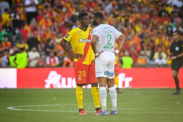 Simon BANZA of Lens and Harold MOUKOUDI of Saint Etienne during the Ligue 1 Uber Eats match between Lens and Saint Etienne at Stade Bollaert-Delelis...