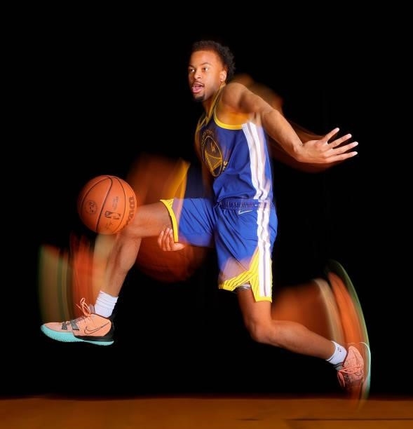 Moses Moody of the Golden State Warriors poses for a portrait during 2021 NBA Rookie Photo Shoot on August 15, 2021 at UNLV Campus in Las Vegas,...