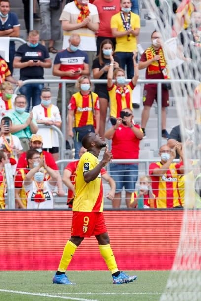 Ignatius Ganago of RC Lens celebrates his goal during the Ligue 1 Uber Eats match between Lens and Saint Etienne at Stade Bollaert-Delelis on August...