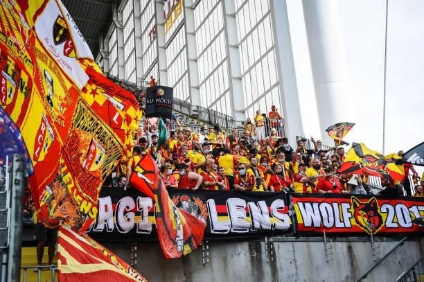Supporters of Lens during the Ligue 1 Uber Eats match between Lens and Saint Etienne at Stade Bollaert-Delelis on August 15, 2021 in Lens, France.