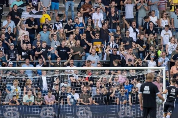 Fans in the stadium prior to the Dutch Eredivisie match between Heracles Almelo and PSV Eindhoven at Erve Asito on August 14, 2021 in Almelo,...