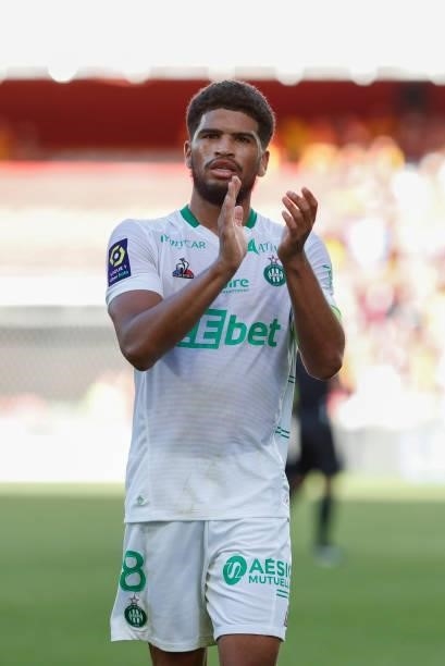Mahdi Camara of AS Saint-Etienne thanks the fans after the Ligue 1 Uber Eats match between Lens and Saint Etienne at Stade Bollaert-Delelis on August...