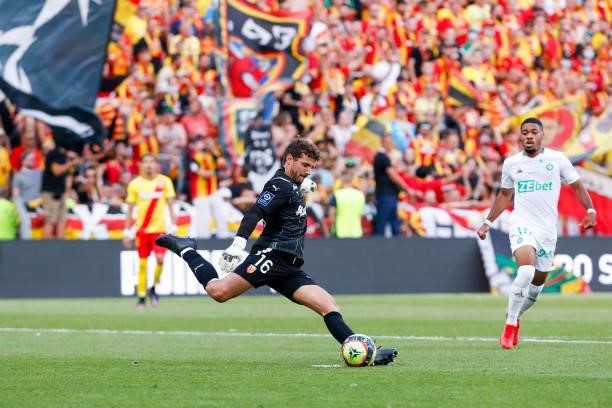 Jean-Louis Leca of RC Lens shoots the ball during the Ligue 1 Uber Eats match between Lens and Saint Etienne at Stade Bollaert-Delelis on August 15,...