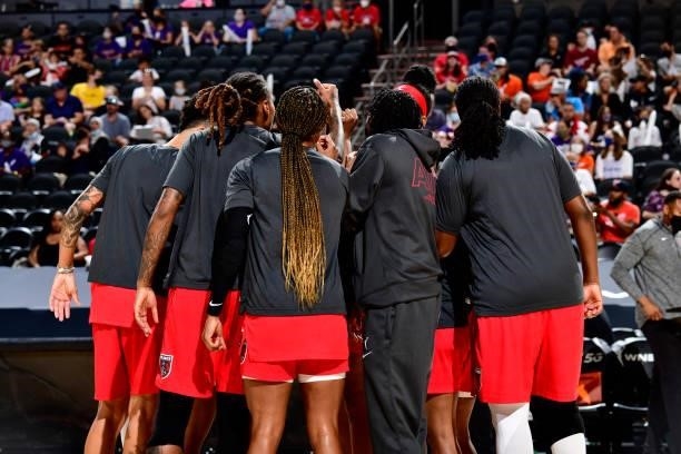 The Atlanta Dream huddle up before the game against the Phoenix Mercury on August 15, 2021 at Footprint Center in Phoenix, Arizona. NOTE TO USER:...