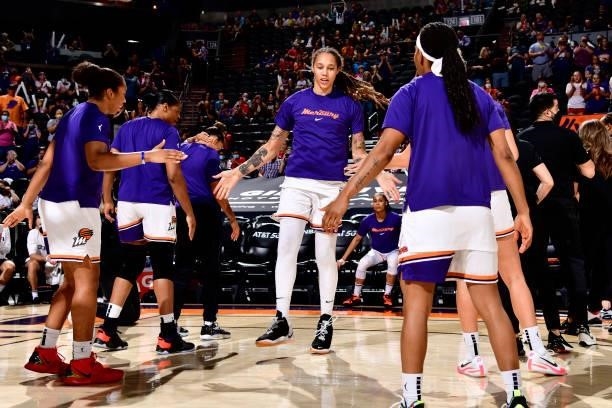 Brittney Griner of the Phoenix Mercury is introduced before the game against the Atlanta Dream on August 15, 2021 at Footprint Center in Phoenix,...