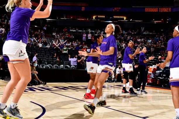 Brianna Turner of the Phoenix Mercury is introduced before the game against the Atlanta Dream on August 15, 2021 at Footprint Center in Phoenix,...