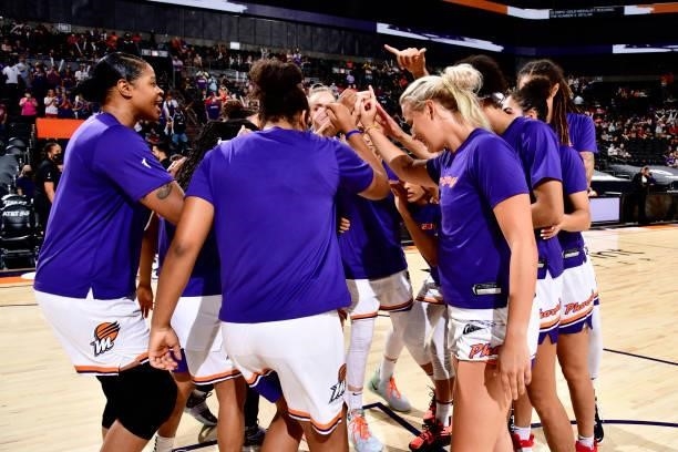 The Phoenix Mercury huddles up before the game against the Atlanta Dream on August 15, 2021 at Footprint Center in Phoenix, Arizona. NOTE TO USER:...