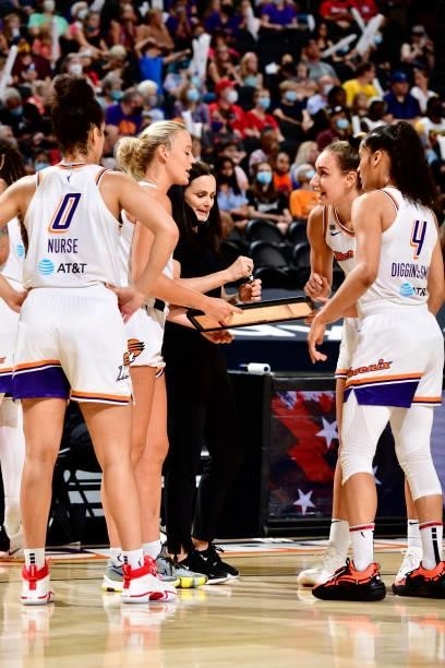 Head Coach Sandy Brondello of the Phoenix Mercury talks to players during the game against the Atlanta Dream on August 15, 2021 at Footprint Center...