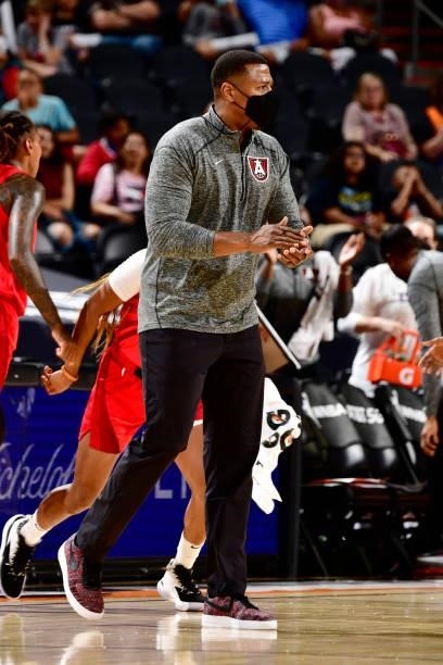 Head Coach Darius Taylor of the Atlanta Dream looks on during the game against the Phoenix Mercury on August 15, 2021 at Footprint Center in Phoenix,...