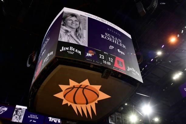 Of Footprint Center Susan Koehler is honored during Believe in Women Night during the Phoenix Mercury game against the Atlanta Dream on August 15,...