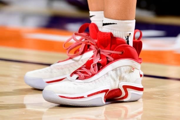 The sneakers of Kia Nurse of the Phoenix Mercury during the game against the Atlanta Dream on August 15, 2021 at Footprint Center in Phoenix,...