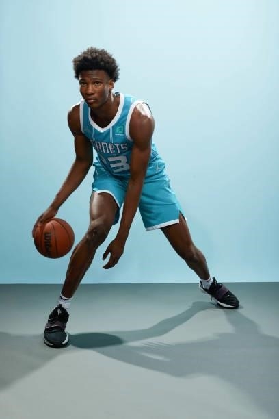 Kai Jones of the Charlotte Hornets poses for a portrait during 2021 NBA Rookie Photo Shoot August 15, 2021 at the UNLV Campus in Las Vegas, Nevada....