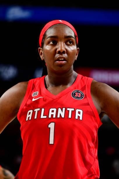 Elizabeth Williams of the Atlanta Dream looks on during the game against the Phoenix Mercury on August 15, 2021 at Footprint Center in Phoenix,...