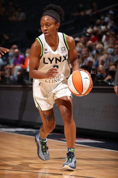Crystal Dangerfield of the Minnesota Lynx dribbles the ball during the game against the New York Liberty on August 15, 2021 at Target Center in...