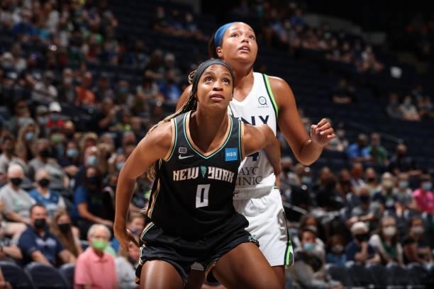 Leaonna Odom of the New York Liberty fights for position during the game against the Minnesota Lynx on August 15, 2021 at Target Center in...