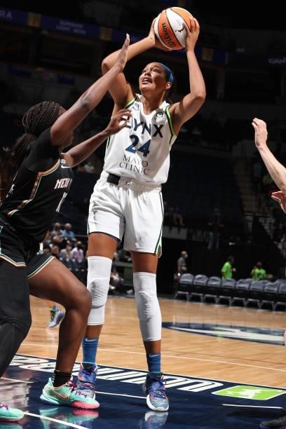 Napheesa Collier of the Minnesota Lynx shoots the ball during the game against the New York Liberty on August 15, 2021 at Target Center in...