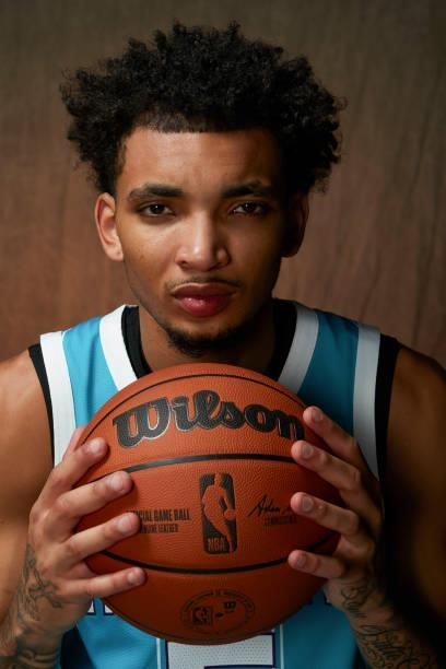 James Bouknight of Charlotte Hornets poses for a portrait during 2021 NBA Rookie Photo Shoot August 15, 2021 at the UNLV Campus in Las Vegas, Nevada....