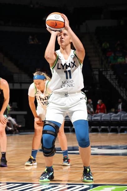 Natalie Achonwa of the Minnesota Lynx shoots a free throw during the game against the New York Liberty on August 15, 2021 at Target Center in...