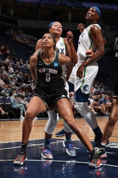 Leaonna Odom of the New York Liberty fights for position during the game against the Minnesota Lynx on August 15, 2021 at Target Center in...