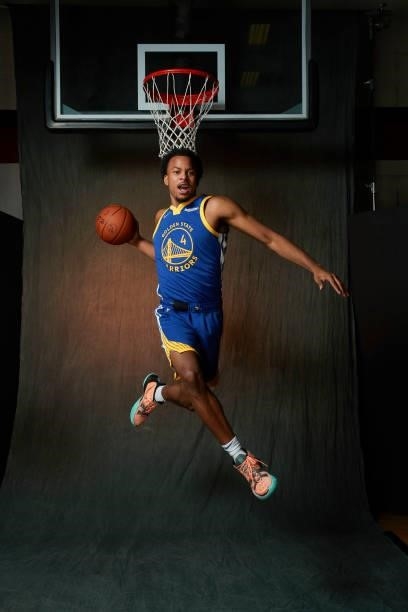 Moses Moody of the Golden State Warriors poses for a portrait during 2021 NBA Rookie Photo Shoot August 15, 2021 at the UNLV Campus in Las Vegas,...