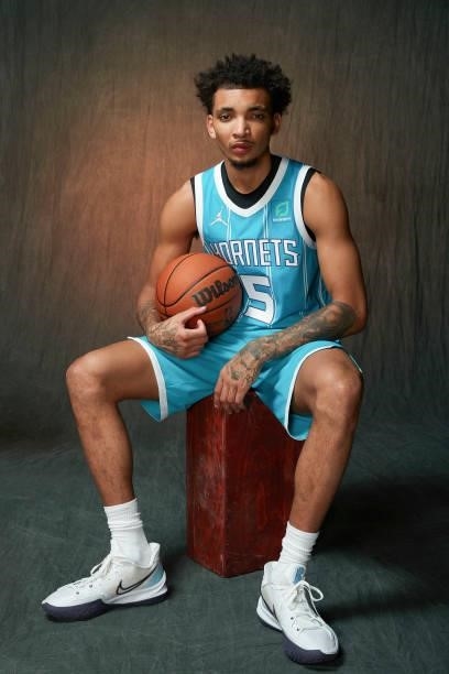 James Bouknight of Charlotte Hornets poses for a portrait during 2021 NBA Rookie Photo Shoot August 15, 2021 at the UNLV Campus in Las Vegas, Nevada....