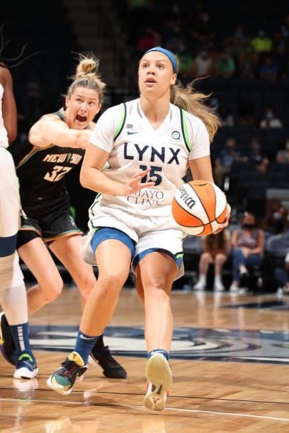 Rachel Banham of the Minnesota Lynx drives to the basket during the game against the New York Liberty on August 15, 2021 at Target Center in...