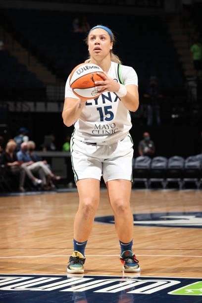 Rachel Banham of the Minnesota Lynx shoots a free throw during the game against the New York Liberty on August 15, 2021 at Target Center in...