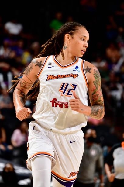 Brittney Griner of the Phoenix Mercury looks on during the game against the Atlanta Dream on August 15, 2021 at Footprint Center in Phoenix, Arizona....