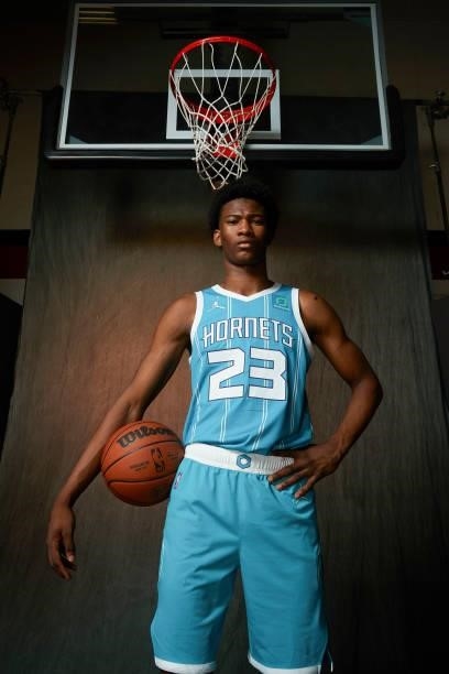 Kai Jones of the Charlotte Hornets poses for a portrait during 2021 NBA Rookie Photo Shoot August 15, 2021 at the UNLV Campus in Las Vegas, Nevada....