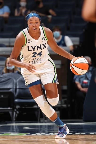 Napheesa Collier of the Minnesota Lynx dribbles the ball during the game against the New York Liberty on August 15, 2021 at Target Center in...