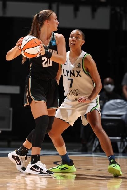 Layshia Clarendon of the Minnesota Lynx plays defense on Sabrina Ionescu of the New York Liberty on August 15, 2021 at Target Center in Minneapolis,...